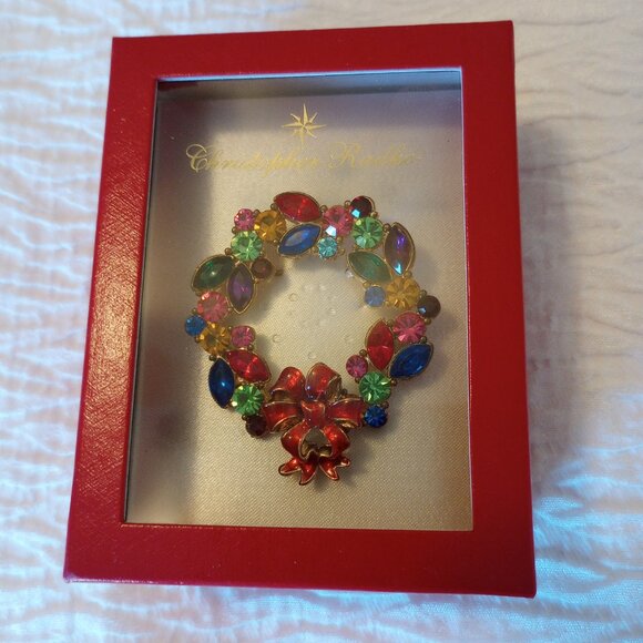 Christopher Radko Colorful Rhinestone Wreath Brooch in box Christmas Winter - Picture 3 of 3